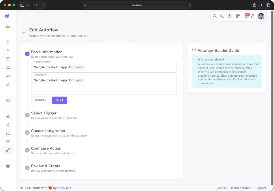 Edit Autoflow builder showing basic information, trigger steps, and Autoflow guide