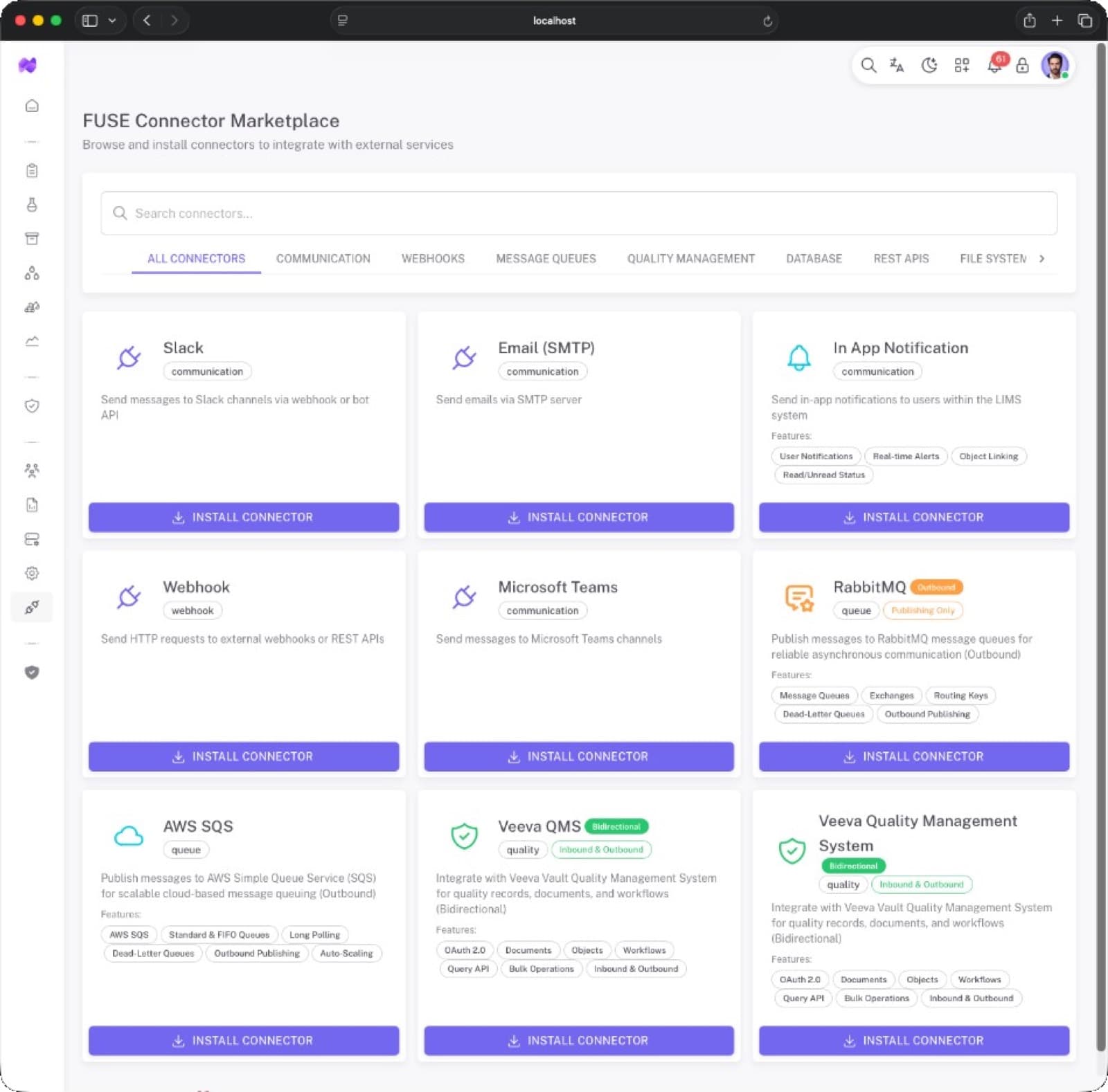 FUSE Connector Marketplace with searchable connectors for Slack, email, webhooks, queues, and quality systems