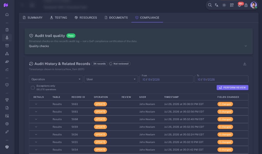 Audit trail quality checks and audit history with Perform Review action