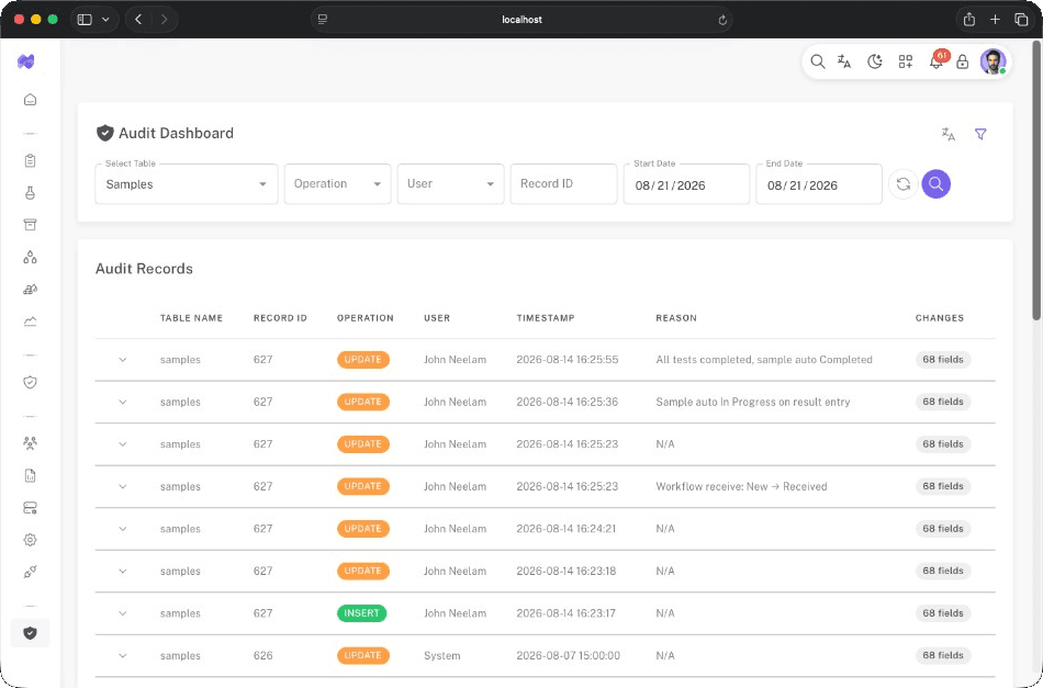 Audit Dashboard showing filterable audit records with table name, operation, user, timestamp, and field changes