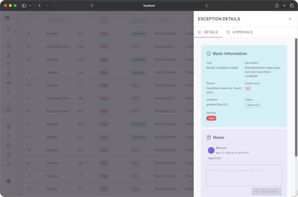 Exception details panel showing result condition failure, severity, status, and approval notes