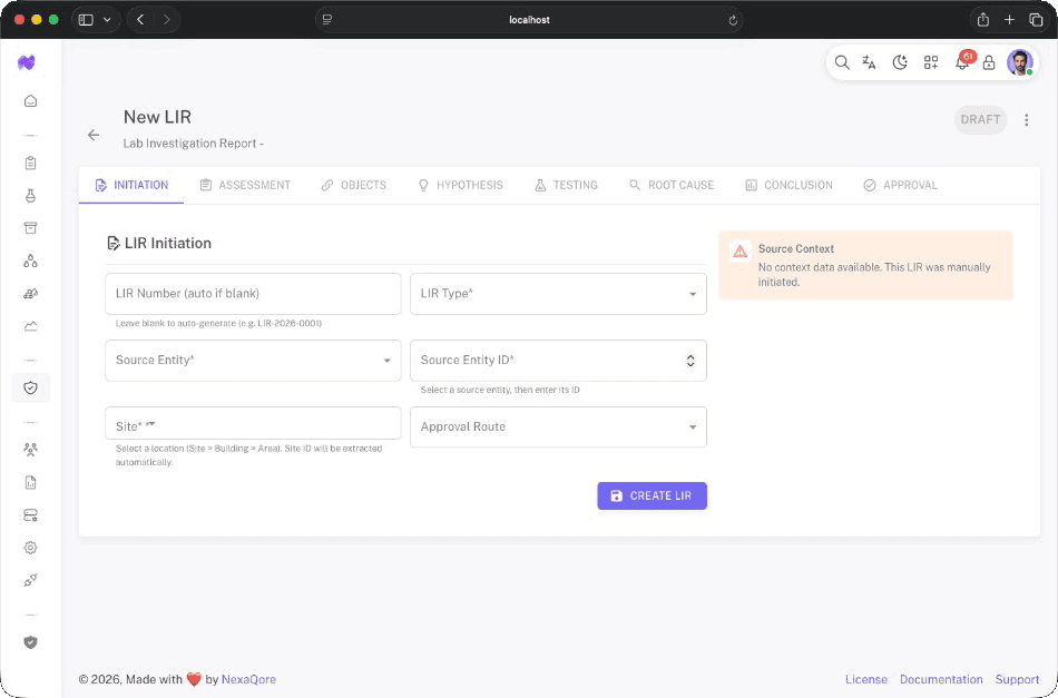 New LIR form showing initiation fields, workflow stages, and create investigation action